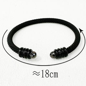 Black cable wire open cuff bracelet with matte beads and 18cm circumference measurement