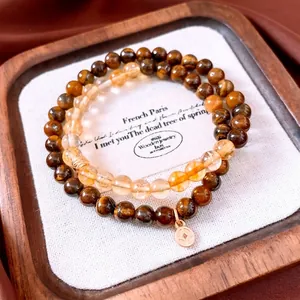 Bracciale Di Perline Occhio Di Tigre Sovrapponibile Doppio Strato Perline In Vetro Con Ciondolo Moneta Rame Gioielli Vintage