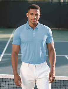 Close-up of men's light blue polo shirt with three-button placket on a tennis court