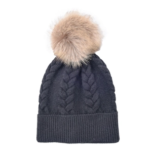 Classic cable knit beanie hat with detachable faux fur pompom for winter warmth