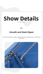 Close-up of smooth silver double metal zippers on premium blue lychee grain leather bag