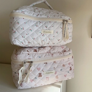 Quilted cotton cosmetic bag set with cherry and bear prints featuring ribbon zippers