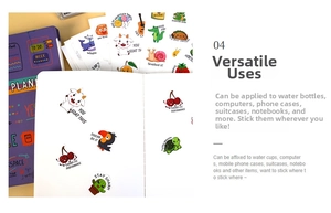 Detailed view of colorful cartoon reward stickers with puns on a purple notebook