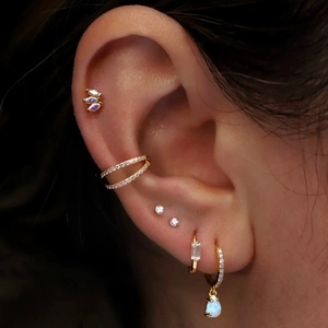 F136 titanium gold earring set with double-row zircon and opal drop pendant