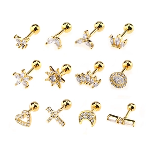 Heart Star Moon Zircon Copper Stud Earrings Gold Silver Plated Screw Back Ear Bone Piercing Jewelry For Women