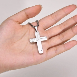 Men's stainless steel cracked cross pendant necklace with brushed metal finish