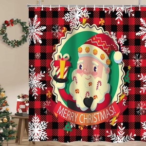 Waterproof Christmas shower curtain with red buffalo plaid pattern and Santa Claus print