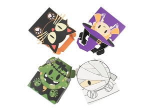 Set of four Halloween themed treat boxes with mummy and witch cartoon character designs