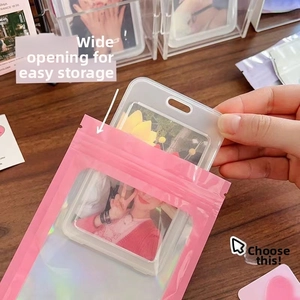Macro detail of pink matte resealable zip bag with transparent window for card storage