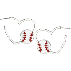 Silver heart hoop earrings featuring unique baseball charms and polished metal finish