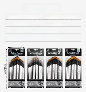Close-up of 12 nylon brushes with birch wood handles and aluminum ferrule details