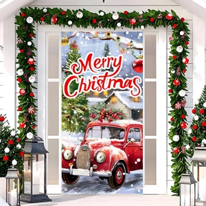 Bannière de porte de Noël avec décor petite voiture rouge et Merry Christmas