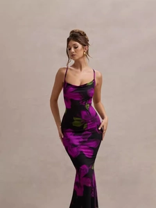 Elegant floral print long dress with slim fit and crossover straps in purple and black