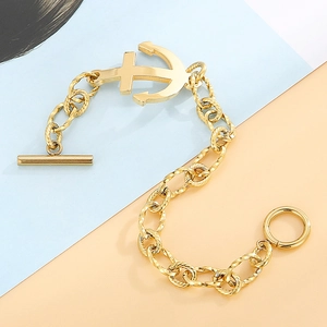 Gold maritime anchor chain bracelet with vintage OT clasp and textured rope links for unisex