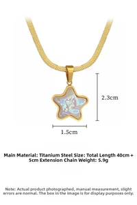Macro view of gold titanium steel necklace with star-shaped iridescent shell inlay detail
