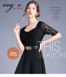 Detail of elegant black lace bodice dress with a slim golden buckle leather belt