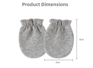 Close-up of grey knit newborn scratch mittens showing 8cm by 6cm product dimensions