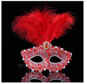 Close-up of red feathers and silver lace detailing on a masquerade party mask