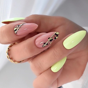 Leopard Print Press On Nails Almond Shape French Tip Gold Glitter Design Fake Nails For Women Long Artificial Manicure Tips