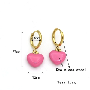 Pink heart pendant earrings in gold-tone stainless steel shown with dimensions and weight