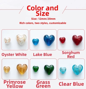 Macro detail of heart-shaped glass beads in 12mm and 20mm sizes for DIY jewelry