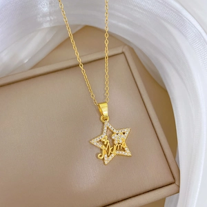 Luxurious gold star necklace with diamond-set Mom pendant and flowers for women