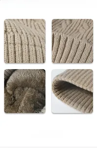 Detailansicht des dicken Fleecefutters und der Rippstrick-Textur der Wintermütze