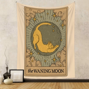 Detailed close-up of a bohemian tarot tapestry featuring a cat under the waning moon