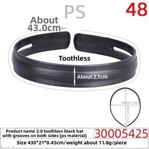 Detail of 43cm black smooth plastic headband base showing dimensions and slot design