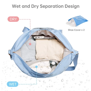 Detail view of dry-wet separation travel bag with shoe covers in light blue color
