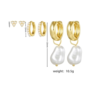 Detailed view of three gold earring sets with pearls and dimensions showing 4mm to 35mm sizes