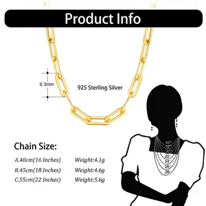 Size guide for 925 sterling silver 14K gold paperclip chain showing lengths and weights