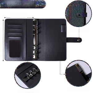 A6 glitter binder cover featuring 6-ring metal binder with buckle and pen elastic loop
