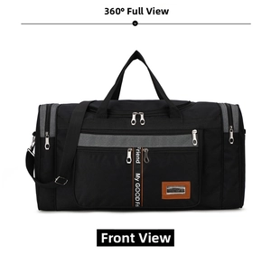 Front view of black large capacity travel bag with gray trim and adjustable straps