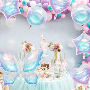 Iridescent butterfly foil balloon set with laser stars and hearts for birthday parties