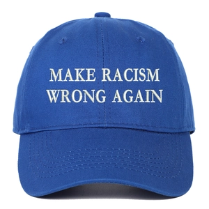 Navy blue cotton baseball cap featuring Make Racism Wrong Again white embroidery