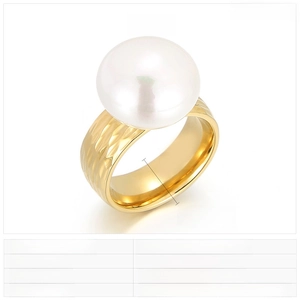 Macro detail of hammered gold stainless steel ring featuring a large shell pearl accent