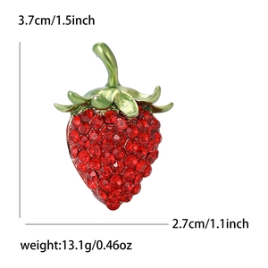 Sparkling red rhinestone strawberry brooch with green leaves and precise dimension labels