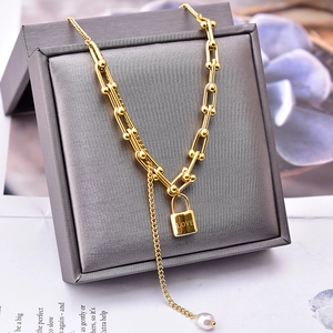 Stainless Steel U-Link Chain Necklace With Love Lock Pendant And Artificial Pearl Tassel Elegant Korean Style For Women Gold
