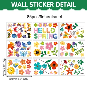 Lot de 9 feuilles stickers de fenêtre printemps avec 85 motifs fleurs et papillons colorés