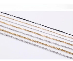 Detail of O-link cross chains in black, gold, and silver finishes with various thicknesses