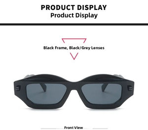 Front view of black polygon thick frame sunglasses with metal rivet details