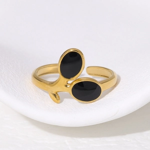 Anello regolabile in oro moderno con design a doppio ovale in smalto nero