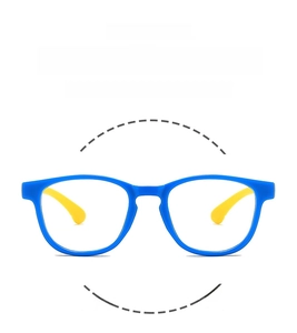Front view of flexible blue and yellow frames for kids blue light blocking glasses