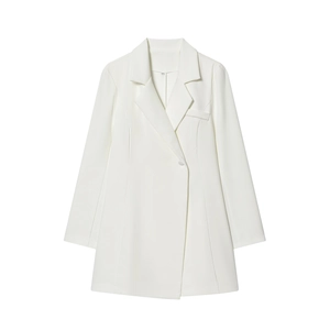 Minimalist white long-sleeve blazer dress with single button closure in a flat lay view