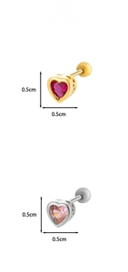 Detail of 0.5cm heart zircon cartilage studs in gold with red and silver with pink stones