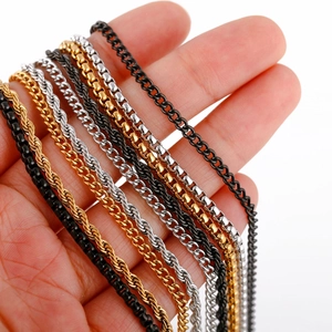 Assorted stainless steel twist and box chains for necklaces in gold silver and black