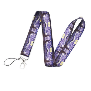 Detail of Starry Night print lanyard with durable metal lobster clasp and polyester fabric