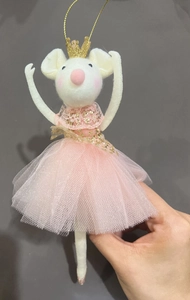 Detail of handmade wool felt mouse ornament wearing a pink tutu and golden crown