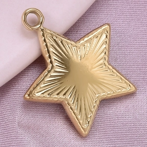 Macro detail of golden star pendant with embossed radial texture and beaded edges